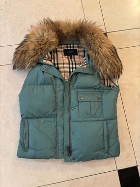 Burberry Teal Puffer Vest with Fur Trim